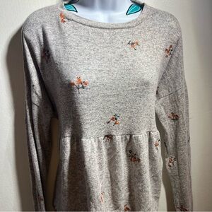 Gray Orange Floral Long Sleeve Peplum Top